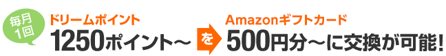 ドリームポイント1250ポイント～をAmazonギフトカード500円分～に交換が可能！