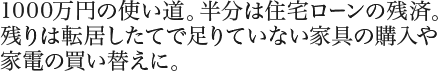 1000万円の使い道。半分は住宅ローンの残済。残りは転居したてで足りていない家具の購入や家電の買い替えに。